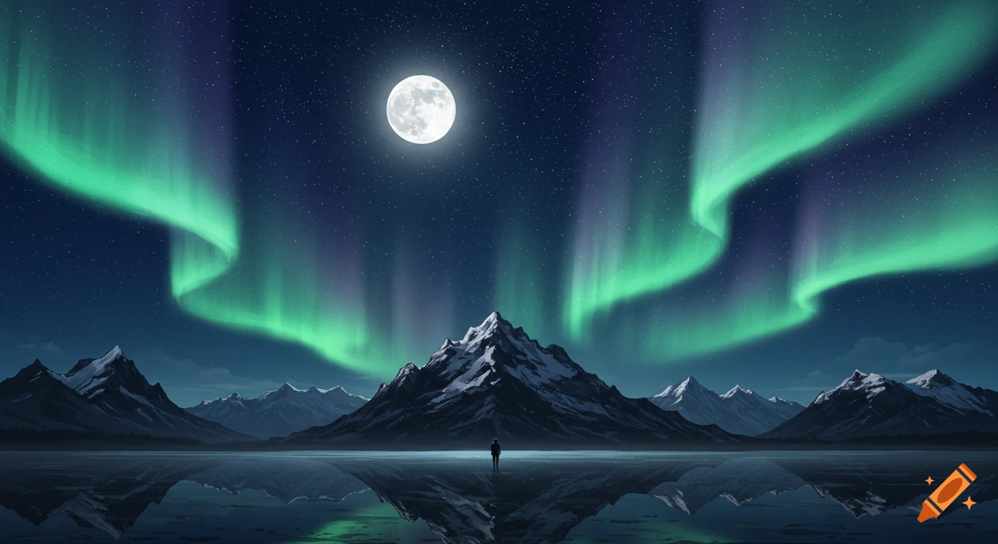 A lone figure stands on a reflective lake under a bright full moon and vibrant green northern lights, surrounded by snow-capped mountains.