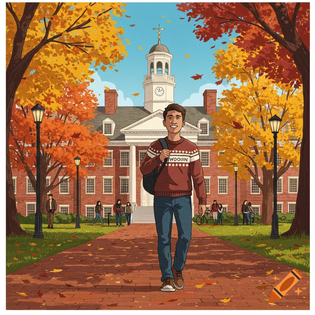 A smiling college student with a backpack walks on a brick path through an autumn campus with a large building and colorful trees in an illustrated style.