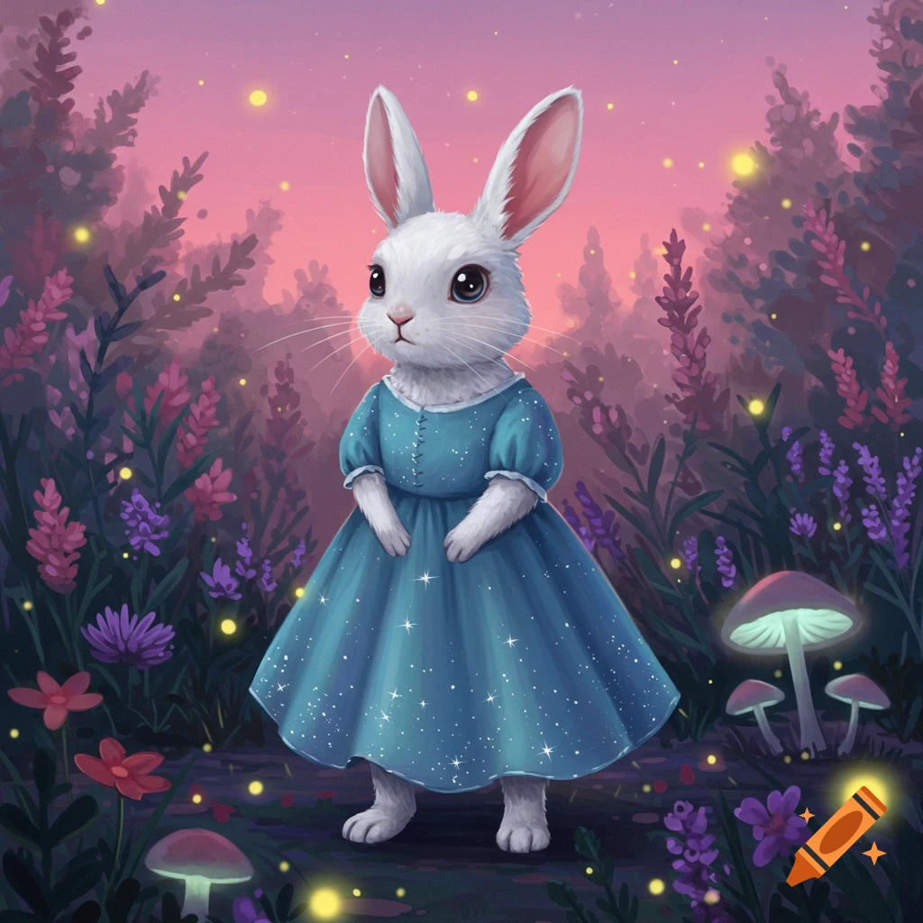 A white rabbit wearing a blue dress stands in a magical, colorful fantasy forest with glowing flowers and mushrooms.