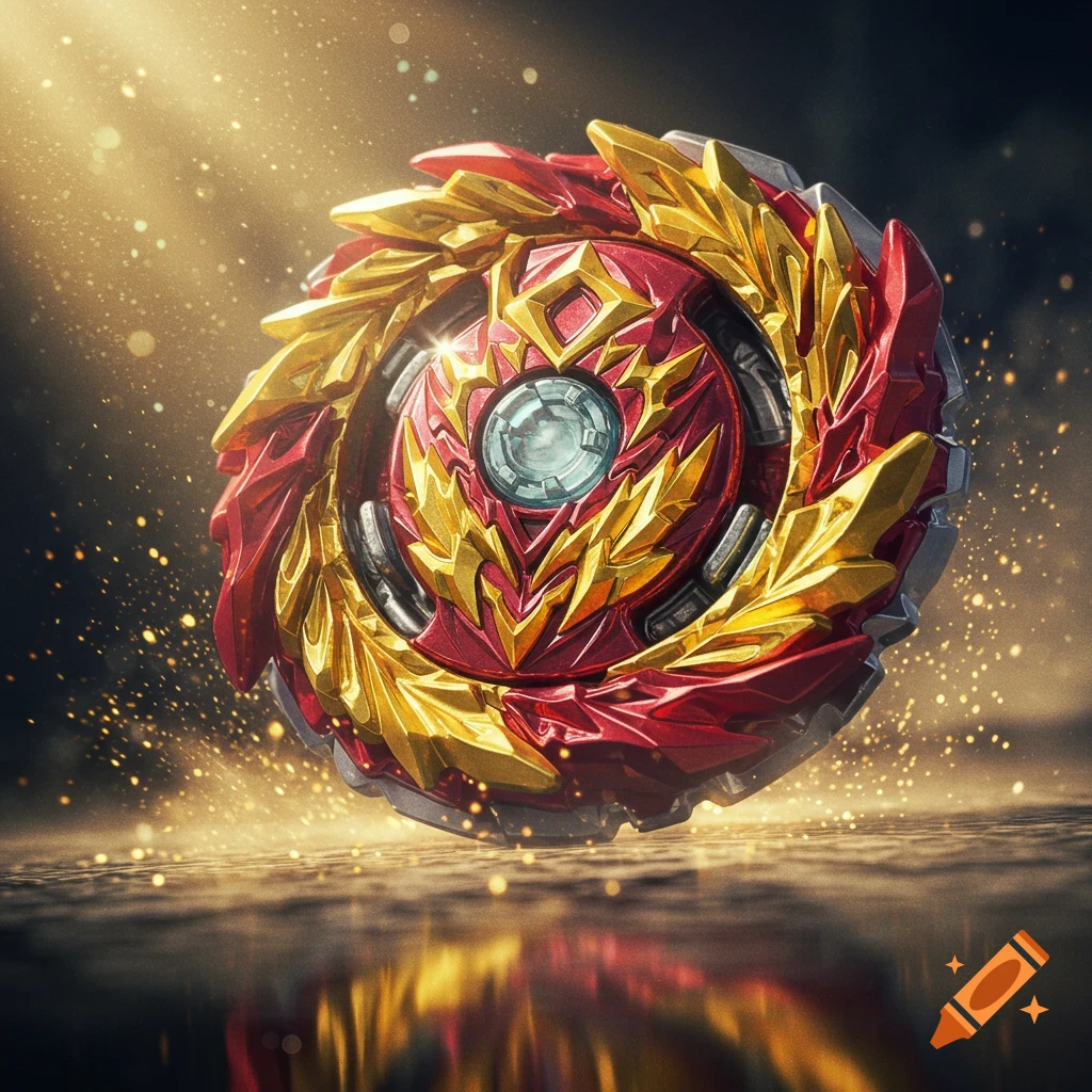 A vibrant red and gold Beyblade with intricate metallic details spins on a reflective surface, surrounded by golden light particles.
