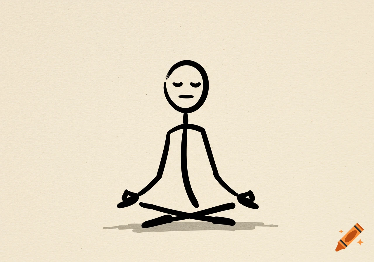A simple black stick figure sits cross-legged in a meditative pose on a light beige background.