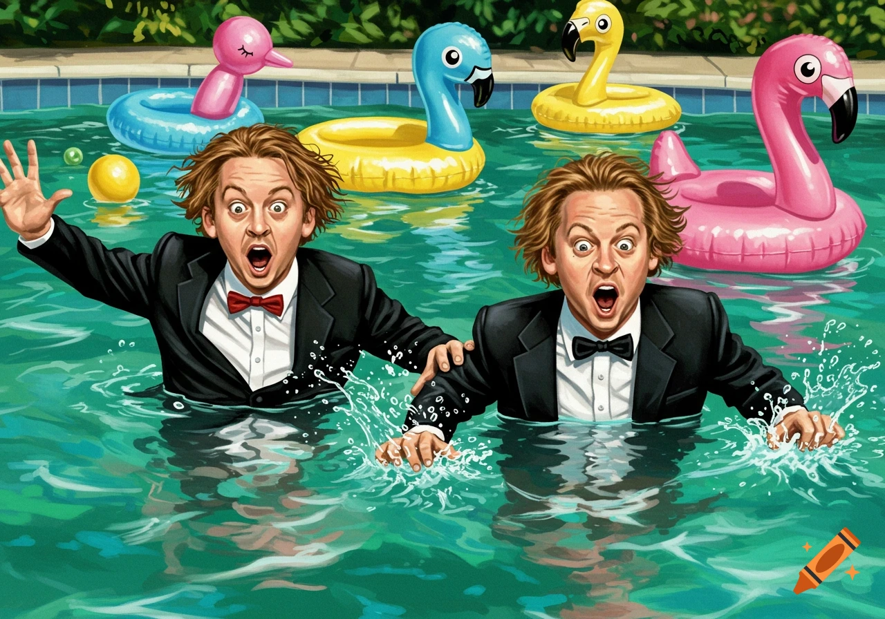 Two men in tuxedos with shocked expressions swim in a pool filled with colorful inflatable flamingos and ducks in a vibrant illustration.