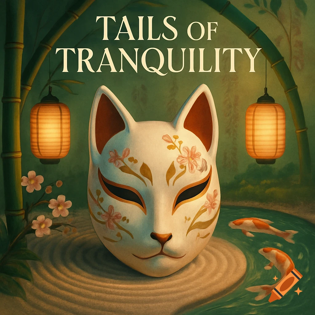 A decorative white kitsune mask resting in a raked zen garden, flanked by bamboo, glowing lanterns, cherry blossoms, and koi fish in water. Text reads "TAILS OF TRANQUILITY".