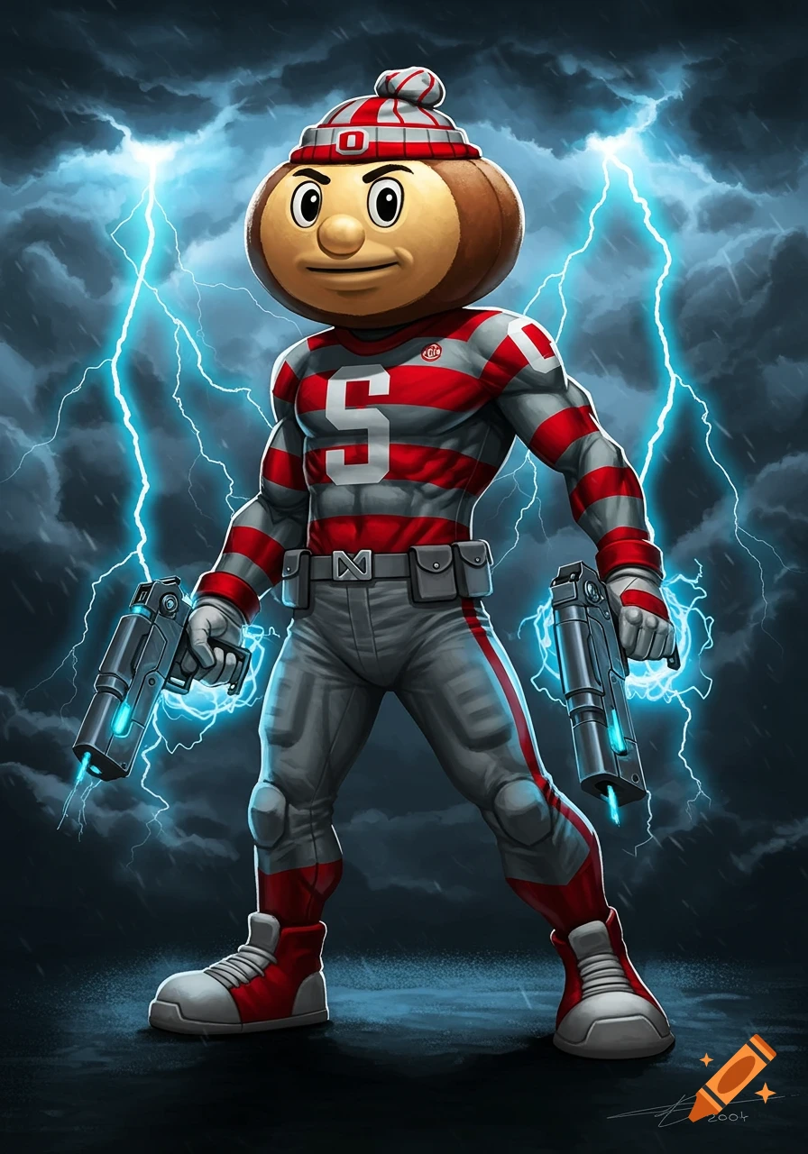 Digital illustration of Brutus the Buckeye mascot in a superhero suit, holding two sci-fi pistols, with lightning in the background.