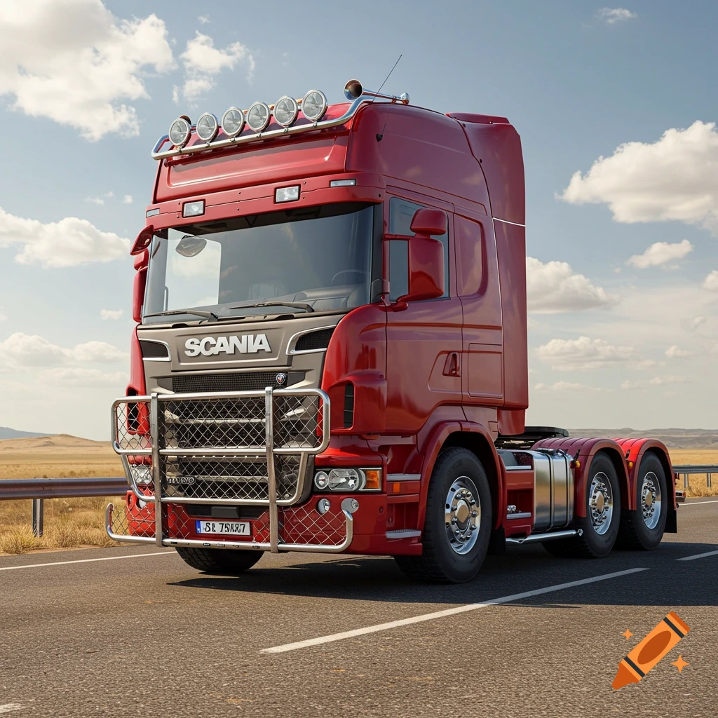 A red Scania semi-truck with a large chrome grille guard on a highway under a partly cloudy sky, photorealistic.