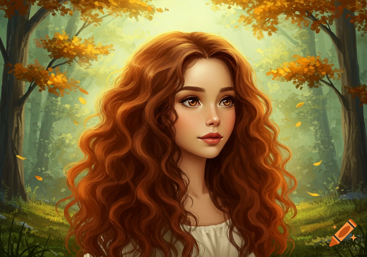 An illustrative portrait of a girl with long curly brown hair and brown eyes, looking upward in an autumn forest.