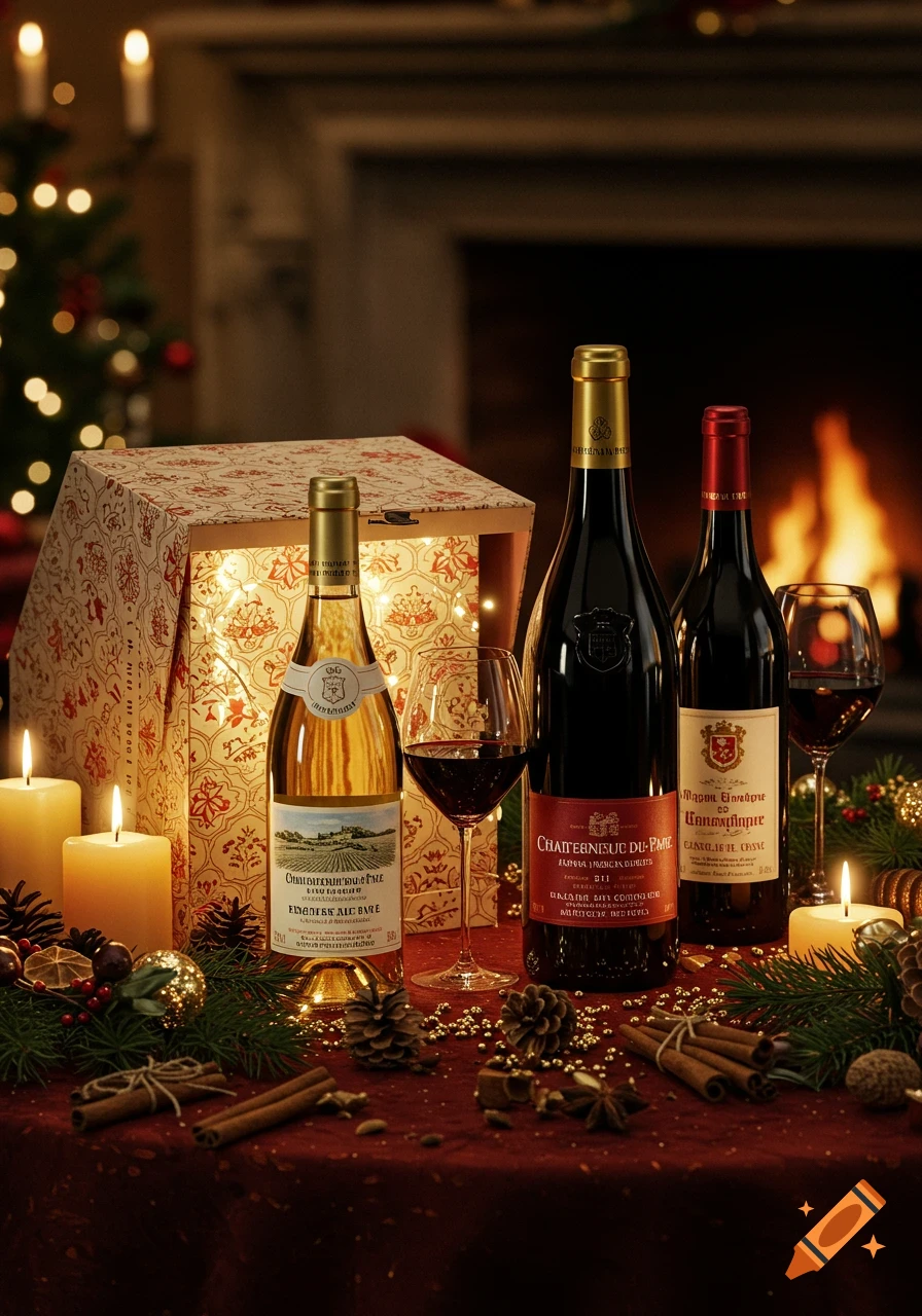 Three bottles of wine (white and red), wine glasses, lit candles, cinnamon, and Christmas decor on a red table, with a festive fireplace and tree in the background.
