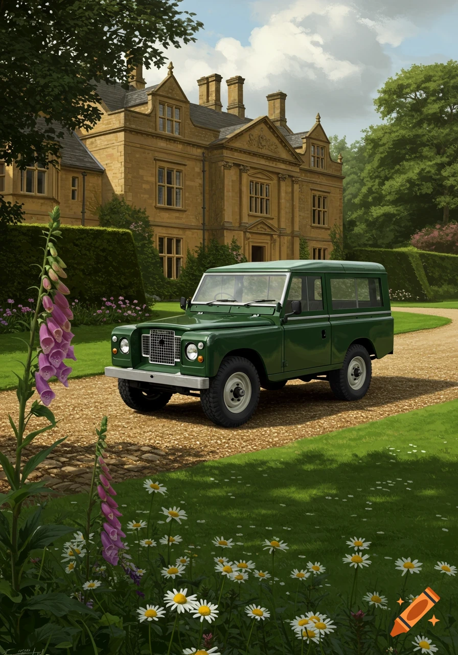 A photorealistic painting of a dark green classic Land Rover parked on a gravel driveway in front of a grand British estate house, with flowers in the foreground.