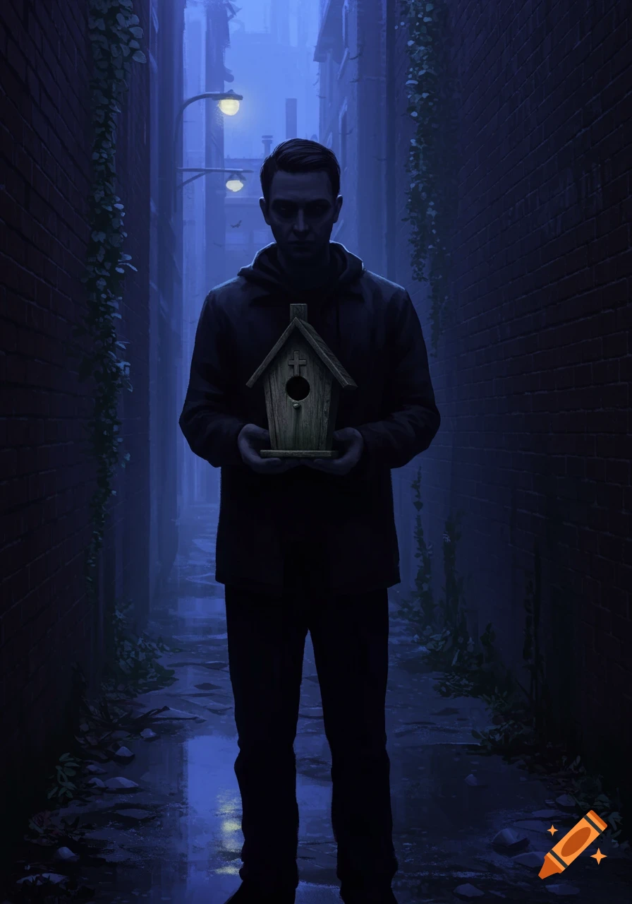 Shadowy man holds a wooden birdhouse with a cross in a dark, wet urban alley illuminated by streetlights, in a moody art style.