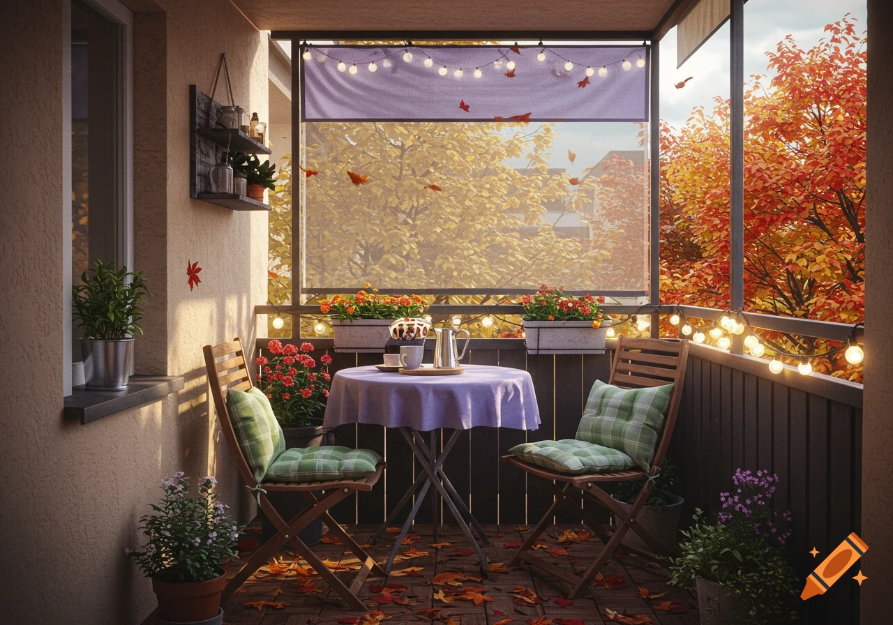 A cozy, photorealistic balcony in autumn with a table, two chairs, string lights, and fallen leaves, bathed in warm sunlight.