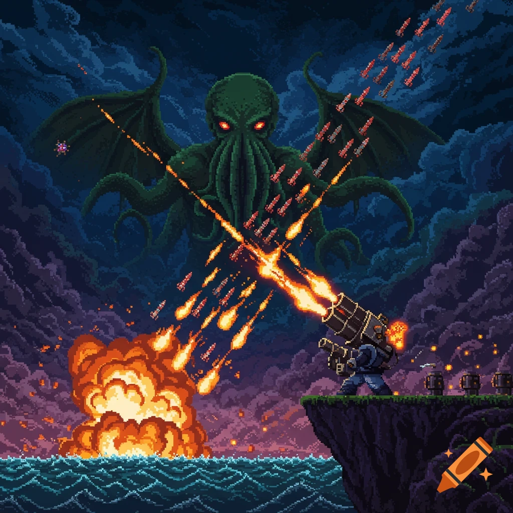 A pixel art battle features a soldier with a massive cannon firing rockets at a giant Cthulhu over a stormy sea with explosions.