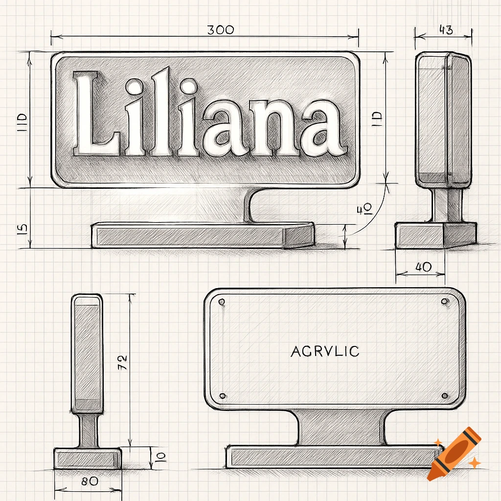 An engineering sketch of an LED sign for "Liliana" with front, back, and side views, including dimensions and material labels, on graph paper.