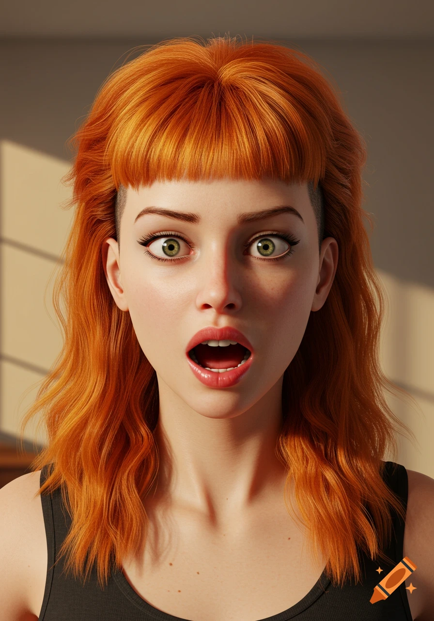 A close-up portrait of a woman with bright orange hair styled in a mullet with buzzed sides, green eyes, and a shocked expression, mouth agape.