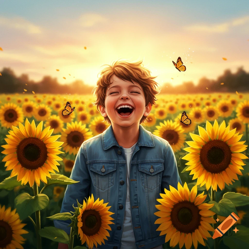 A joyful boy in a denim jacket laughs happily in a vibrant sunflower field with butterflies at sunset, photorealistic.