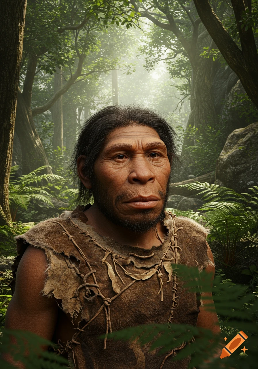 A photorealistic depiction of a Neanderthal with long dark hair and a beard, wearing animal hide clothing, looking forward in a lush, misty green forest.