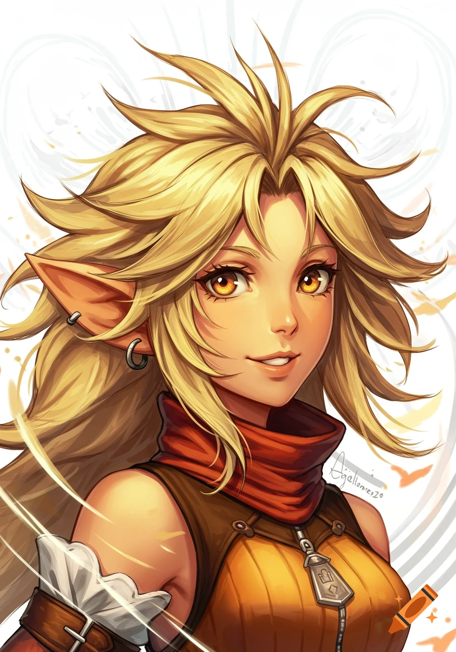 A close-up anime-style portrait of a fantasy woman with wild blonde hair, orange eyes, and pointed ears, wearing a brown and orange outfit.