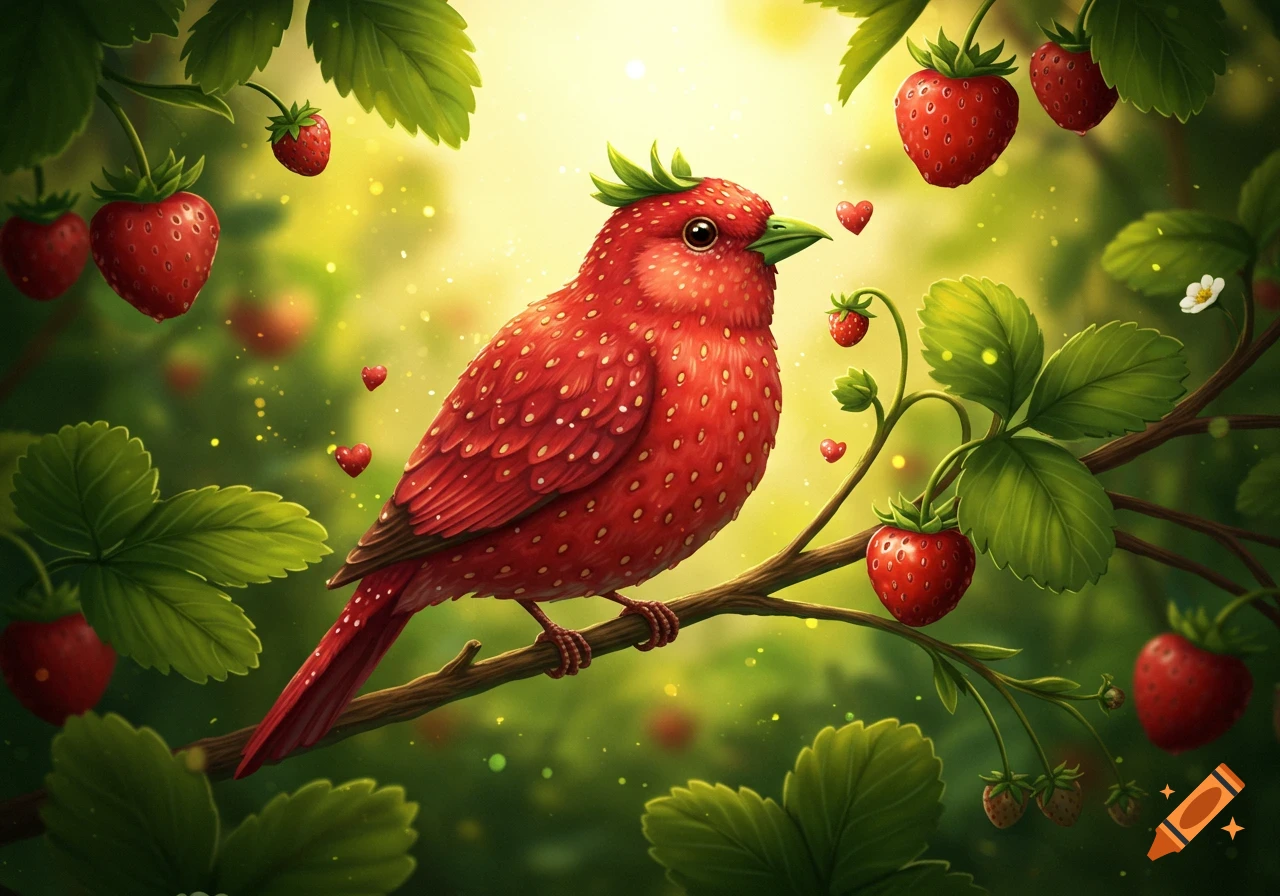 A whimsical red bird with strawberry-like feathers and a green beak perches on a branch amidst green leaves and ripe red strawberries.