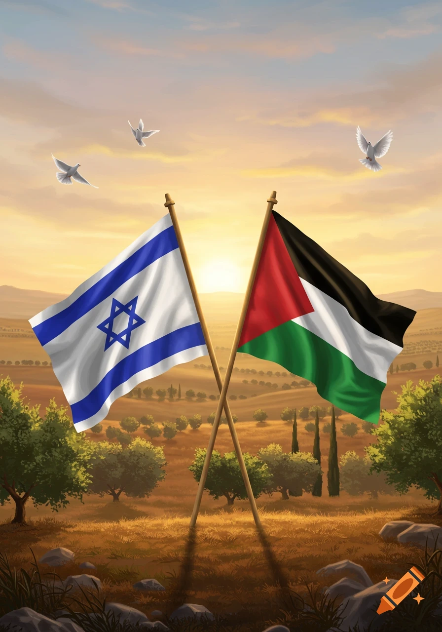 Two crossed flags, Israel and Palestine, wave in a peaceful landscape under a sunset sky with doves flying.