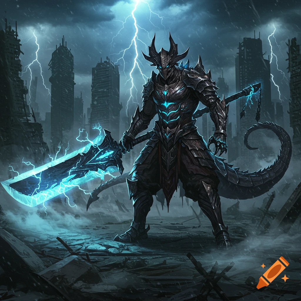 A horned, armored fantasy creature with a large glowing blue sword stands in a ruined city under a lightning storm.