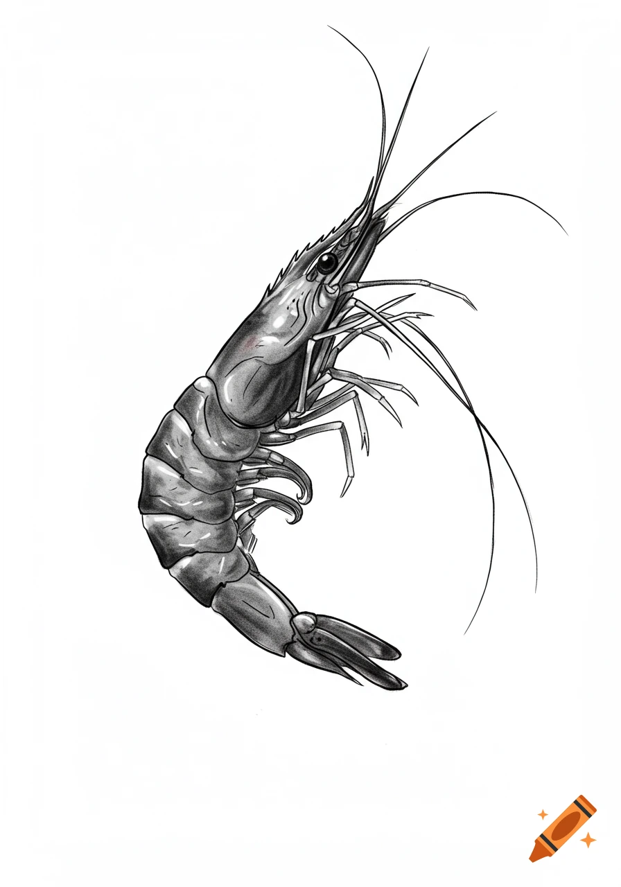 A detailed black and white illustration of a single shrimp, isolated on a white background.