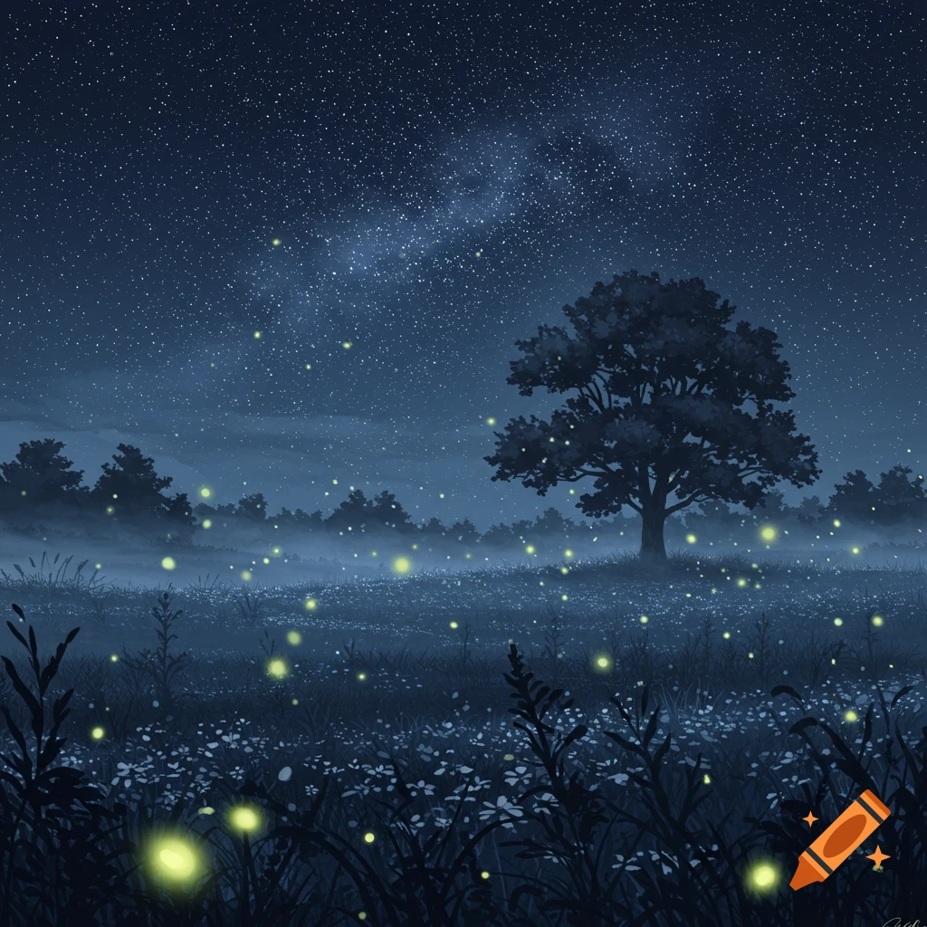 Stylized illustration of a tranquil night scene with a large tree in a field full of glowing fireflies under a starry sky.