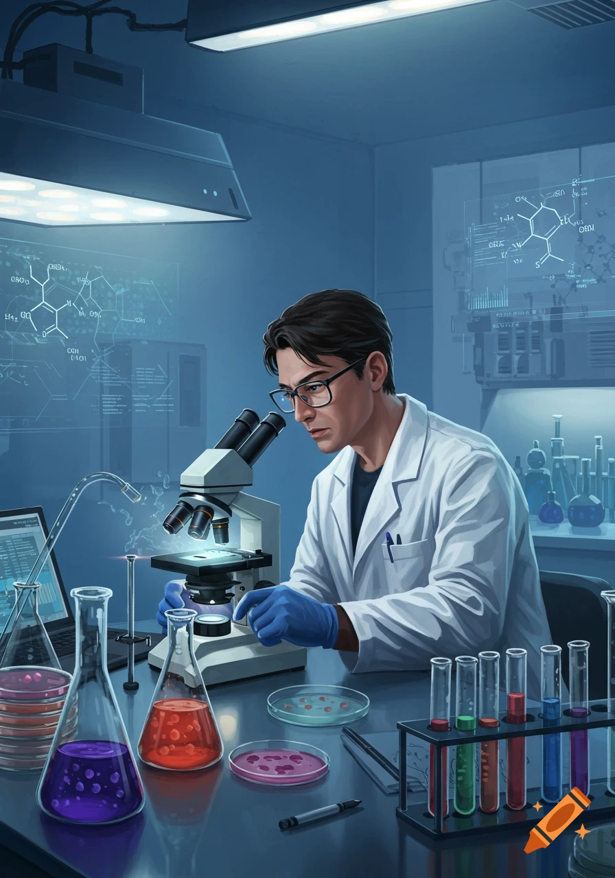 A male scientist in a lab coat and gloves looks into a microscope, surrounded by colorful beakers, petri dishes, and scientific equipment.