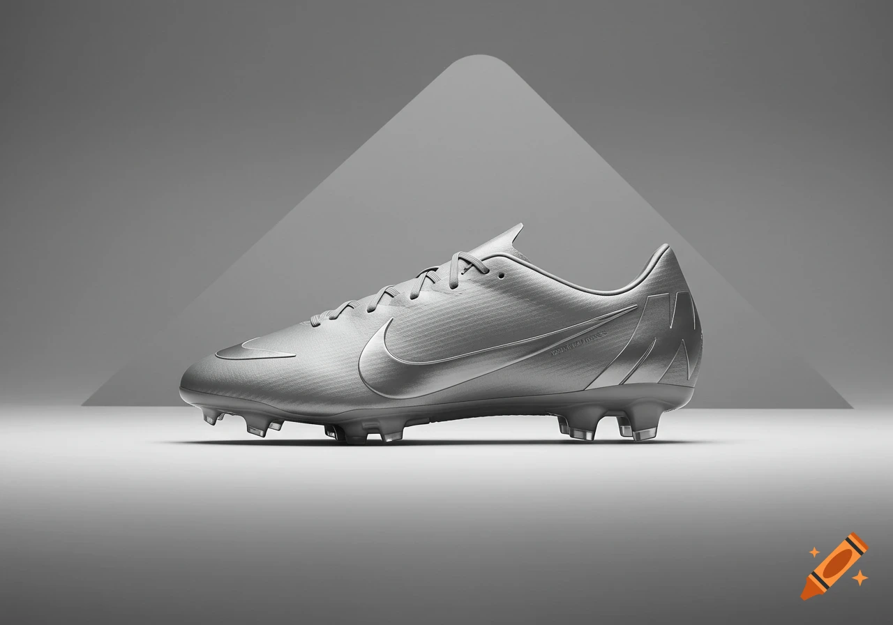 A silver Nike soccer cleat with a metallic finish, against a dark and light grey geometric background.