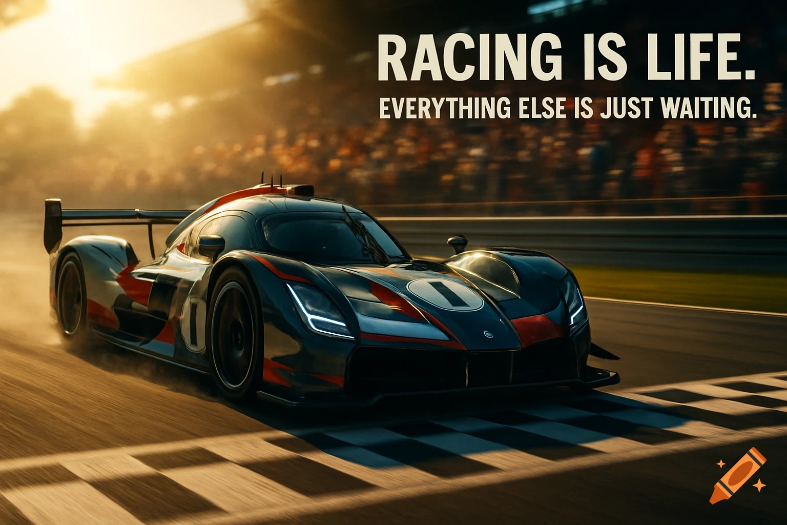 A sleek racing car speeds on a track with a blurred crowd and sunset, "RACING IS LIFE." text overlay.