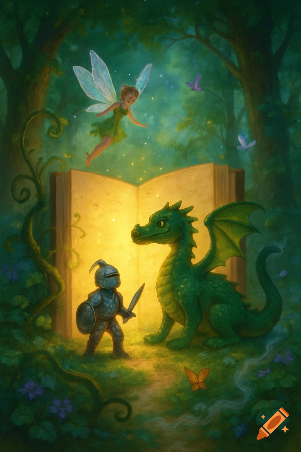 A tiny knight and a green dragon stand before a glowing open book in a magical forest, while a fairy flies above.