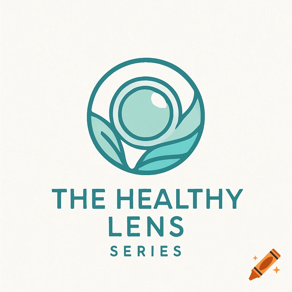 A minimalistic logo featuring a stylized teal lens or eye surrounded by leaves, with the text 'THE HEALTHY LENS SERIES' below.