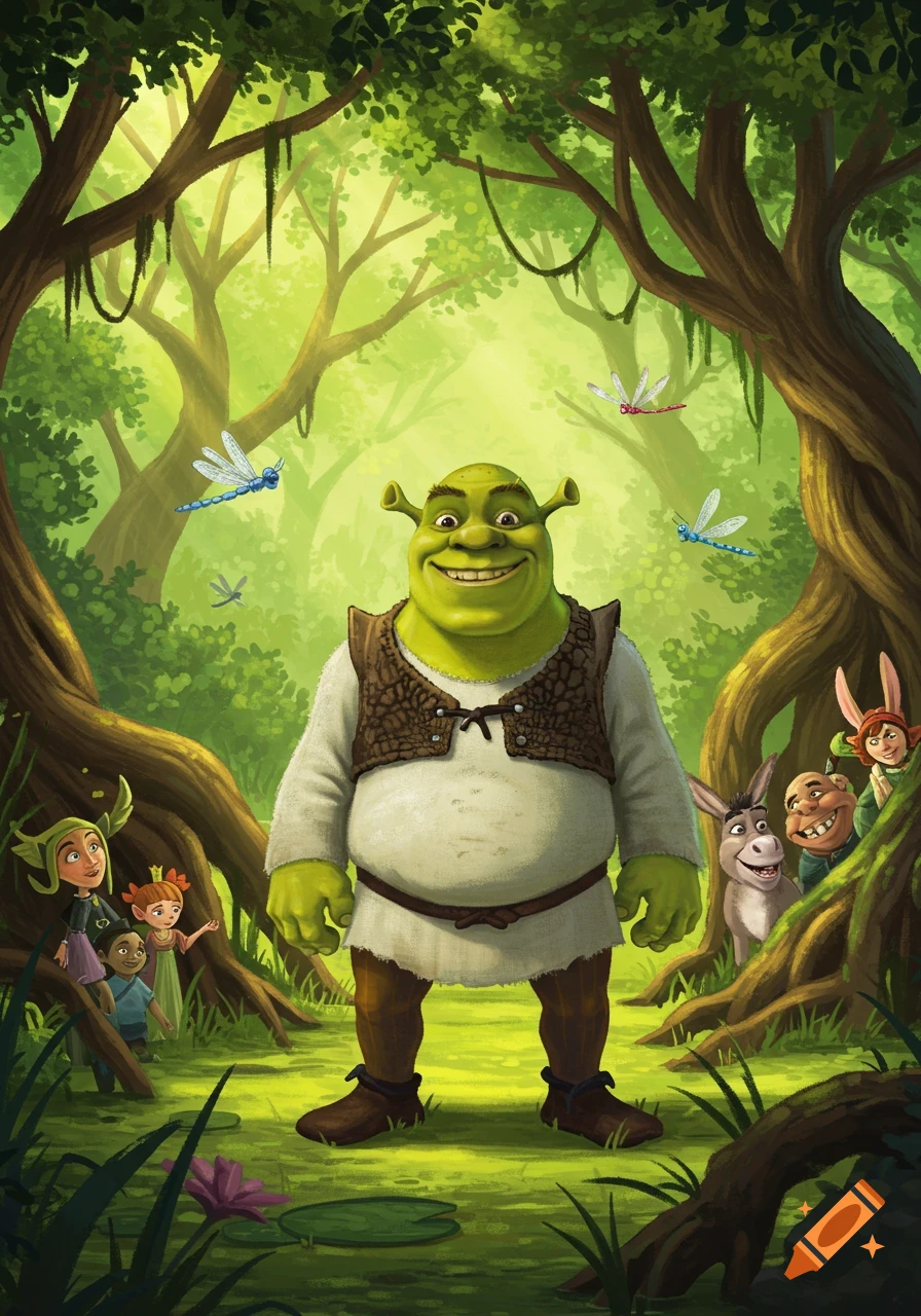 Shrek smiles brightly in a vibrant animated forest, surrounded by Donkey, children, and other fairytale creatures.