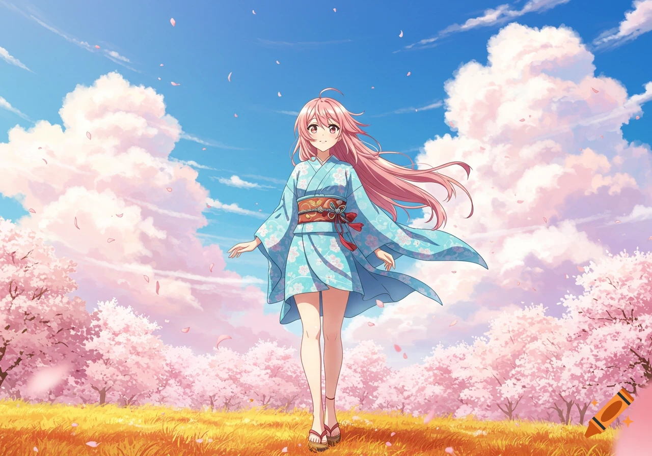 An anime girl with pink hair in a blue kimono stands in a field of cherry blossoms under a blue sky with fluffy clouds.