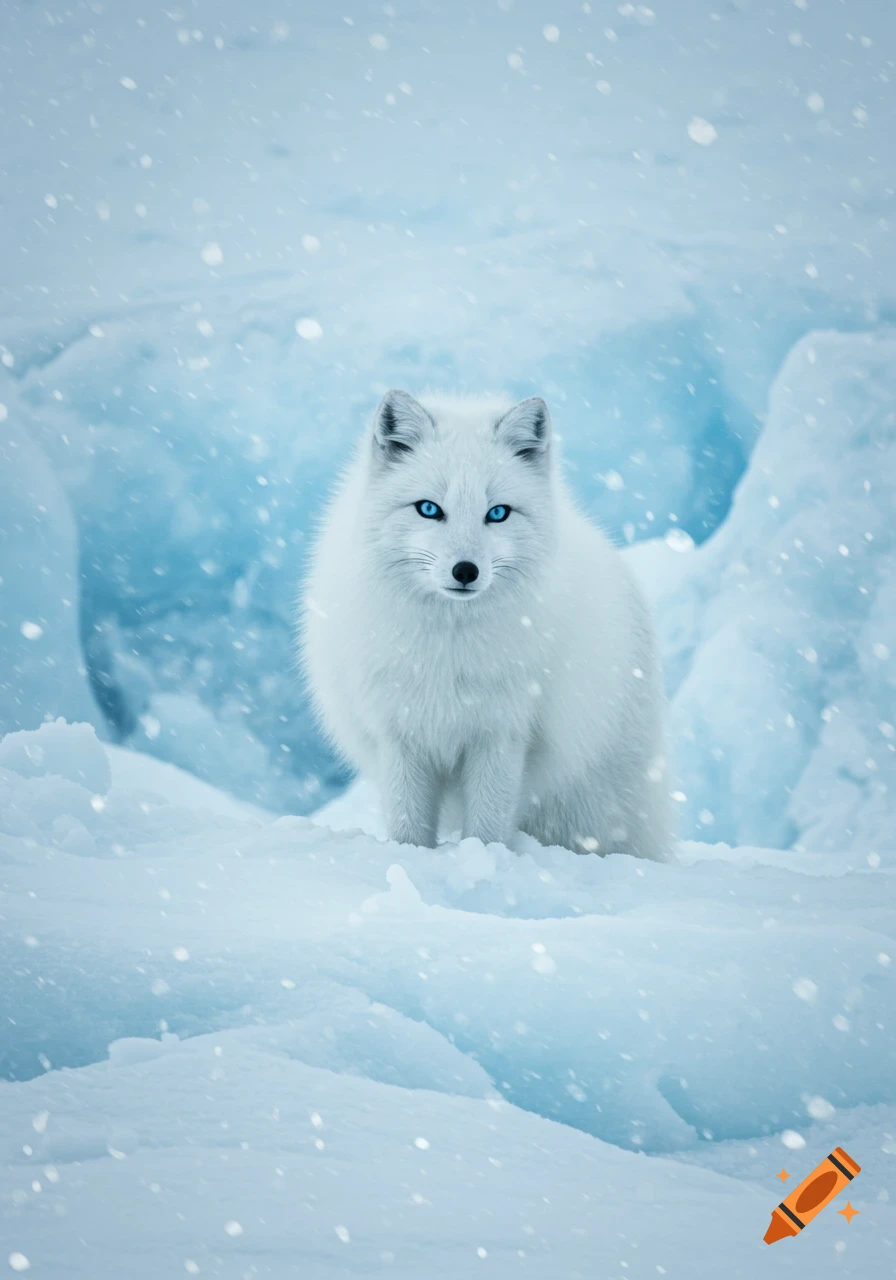 A majestic arctic fox with striking blue eyes sits in deep white snow during a snowfall, with icy blue formations.