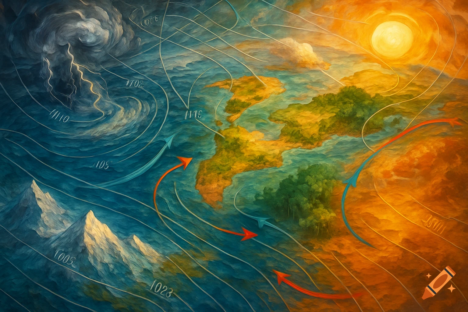 A stylized painting of a global weather map with a storm on the left, landmasses, mountains, and a bright sun on the right.