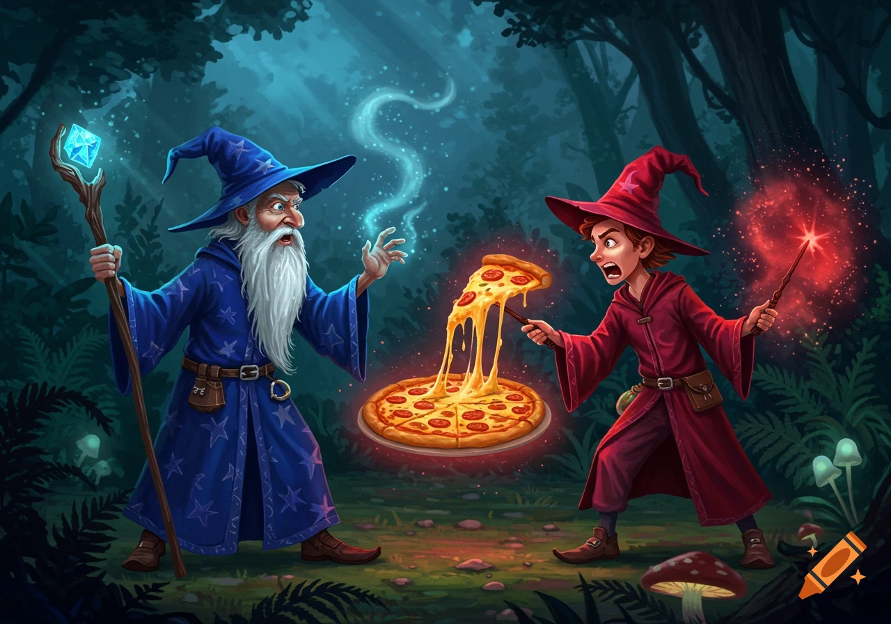 Cartoon wizards, an old man and a young boy, casting spells over a magically stretching cheese pizza in a dark forest.