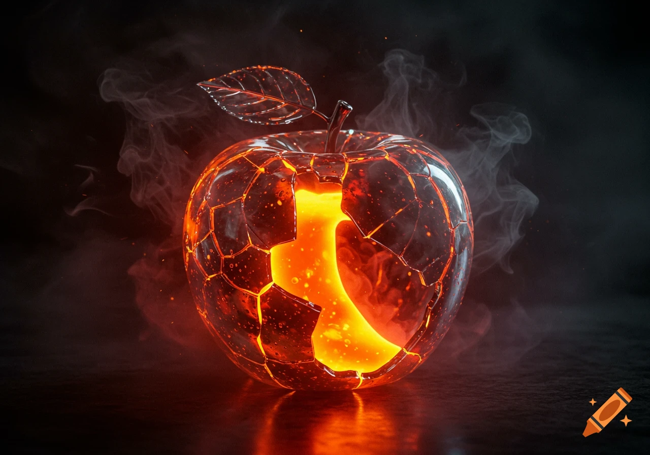 Photorealistic transparent glass apple, cracked with glowing orange magma, emitting smoke on a dark background.