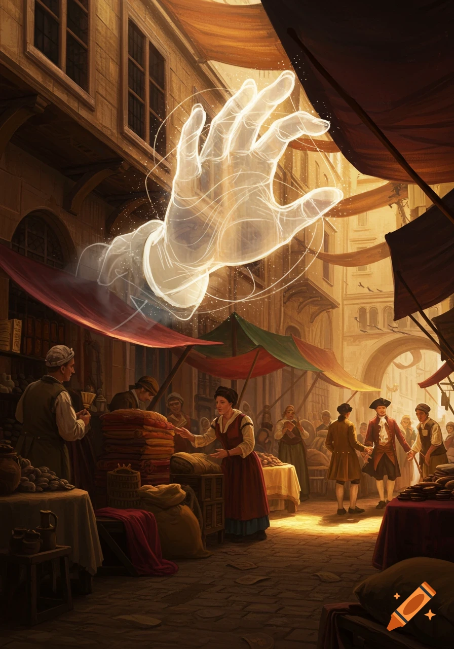 A glowing, translucent hand hovers over a bustling historical marketplace scene at dusk, with vendors and customers.
