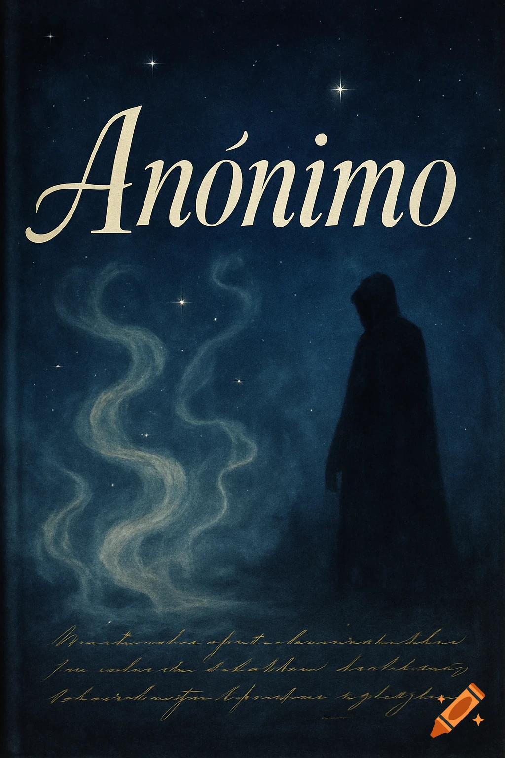 A dark blue book cover features the title "Anónimo" in cream script, a shadowy hooded figure on the right, and glowing ethereal wisps on the left, all under a starry sky. Illegible script appears at the bottom.