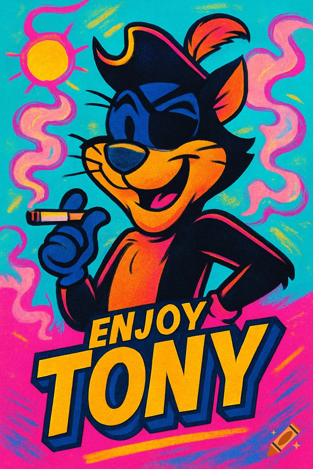 A vibrant 90s cartoon cat mascot with an eyepatch and pirate hat smokes a cigarette, with 'ENJOY TONY' slogan on a colorful background.