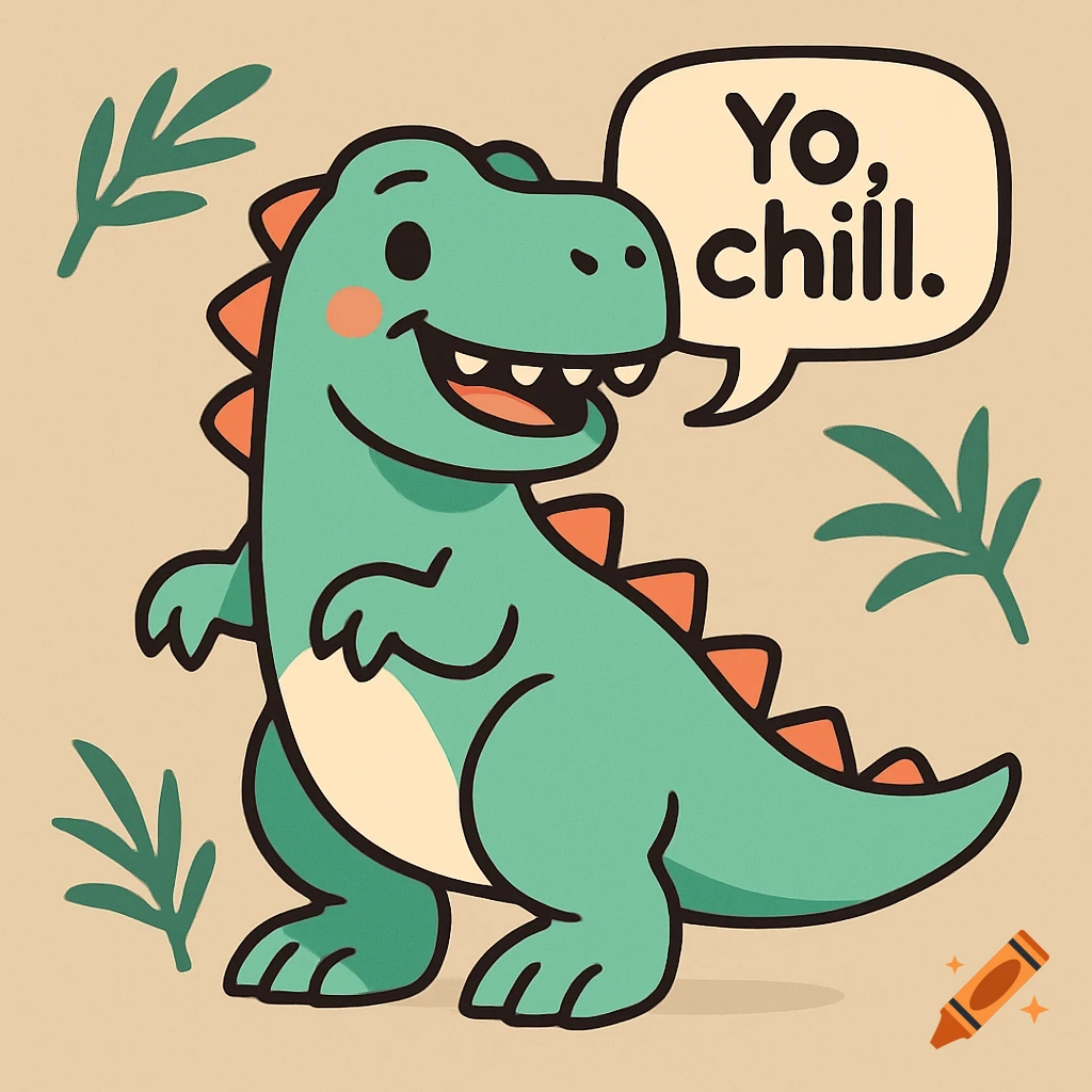 A cute green cartoon dinosaur with orange spikes and rosy cheeks smiles, saying 'Yo, chill.' in a speech bubble, surrounded by green leaves on a light tan background.