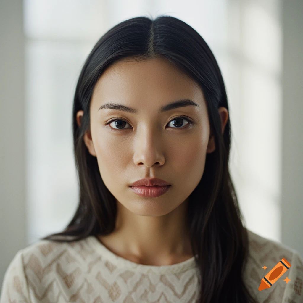 A photorealistic headshot of a young East Asian woman with dark hair, looking forward with a neutral expression.