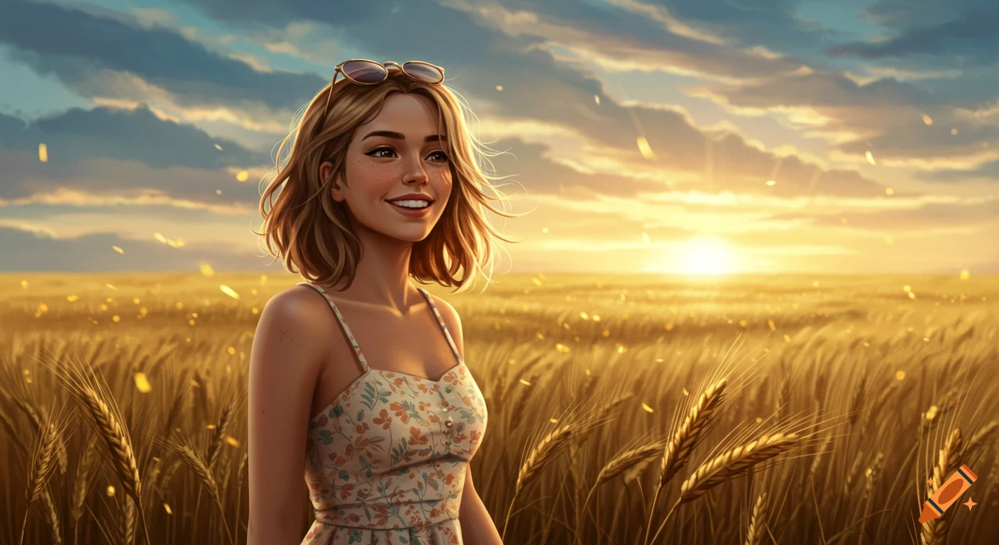 A smiling young woman with sunglasses on her head stands in a golden wheat field at sunset, wearing a floral sundress.