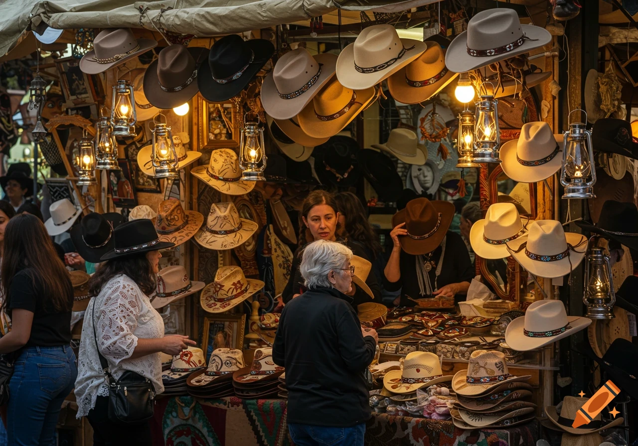 A bustling market stall packed with cowboy hats, with people browsing under warm lantern light.