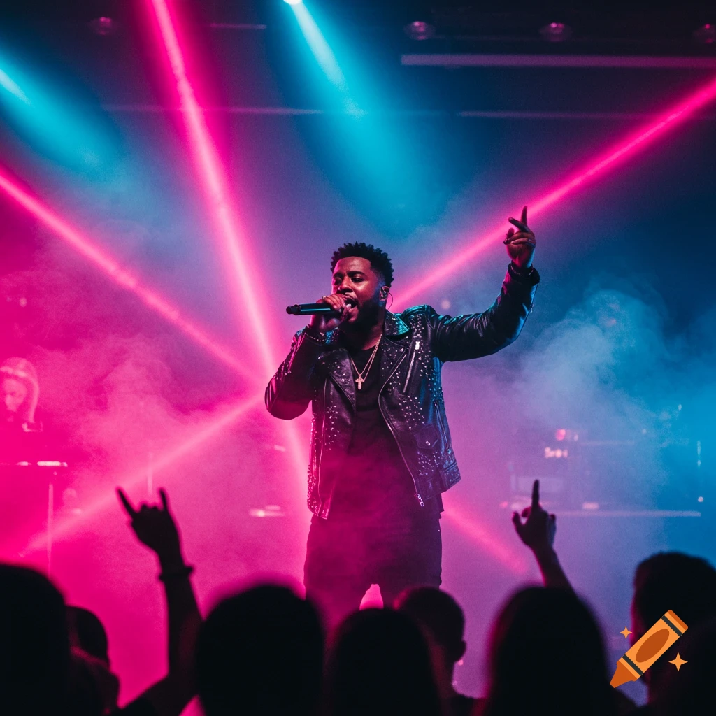 A male singer performs on stage under vibrant pink and blue spotlights, holding a microphone and raising one hand to an audience.