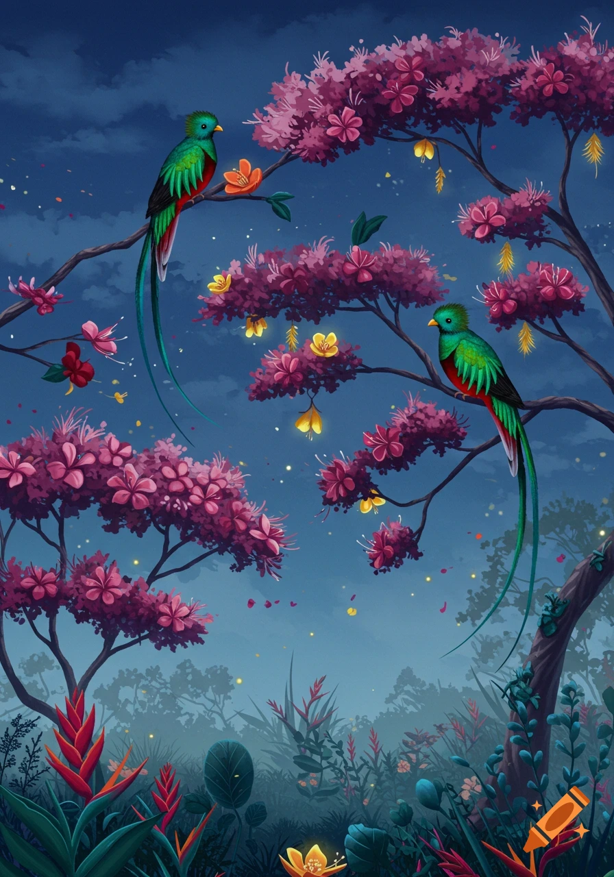 Two vibrant quetzal birds perch on flowering trees in a lush, stylized forest at dusk.