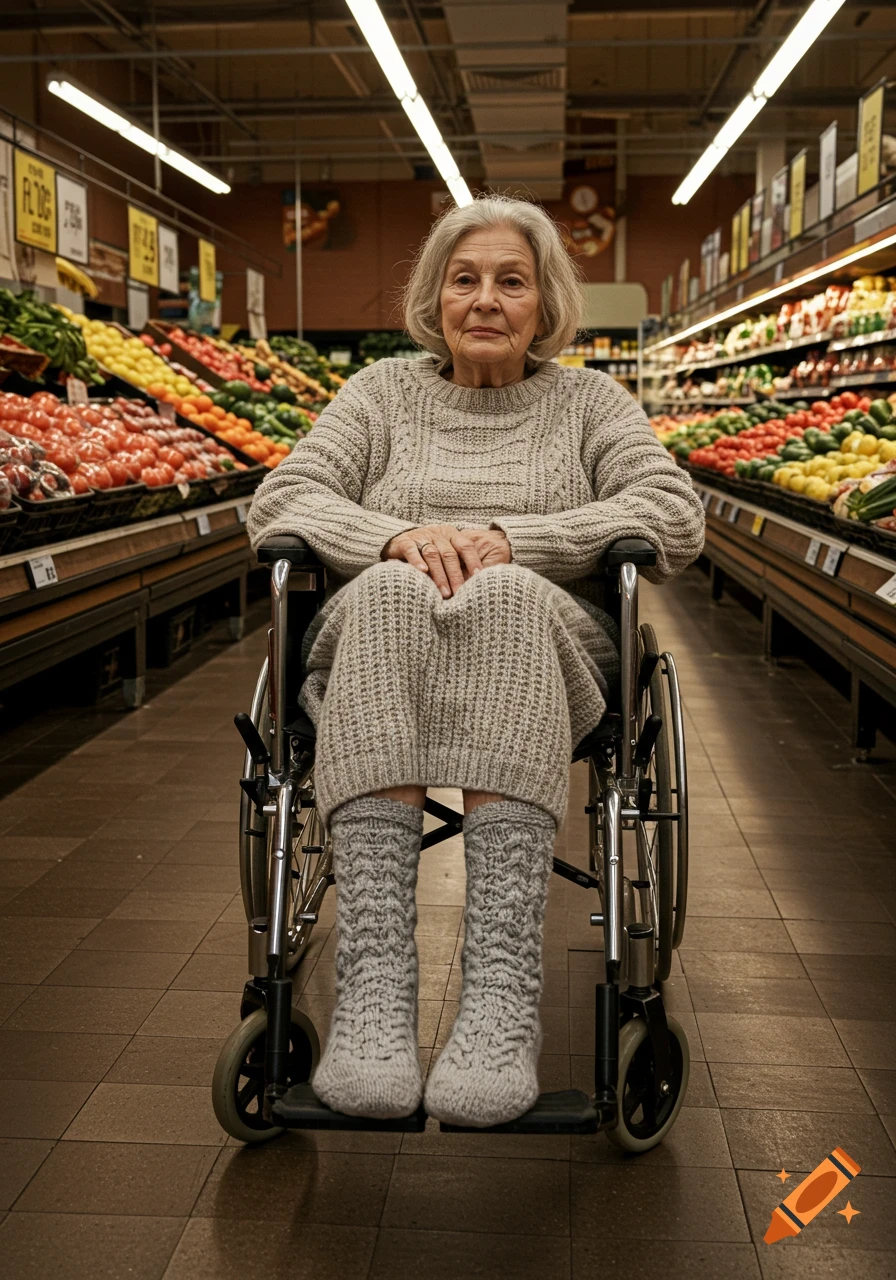 An elderly woman with grey hair sits in a wheelchair, wearing a beige knitted sweater and matching skirt, in a supermarket produce aisle.