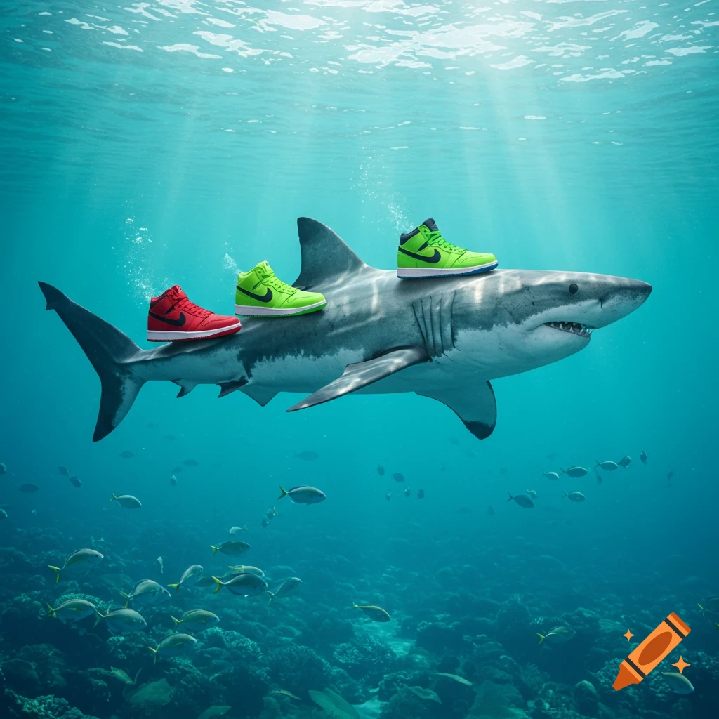 A great white shark swims underwater with a red and two green Nike sneakers on its back, surrounded by fish.