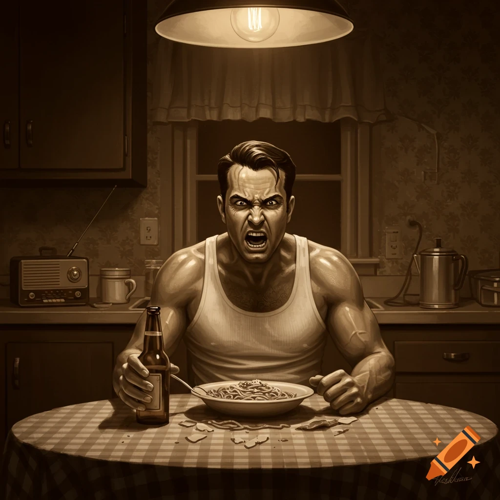 Sepia-toned retro illustration of a muscular, angry man in a tank top raging at a bowl of spaghetti in a 1950s kitchen, holding a beer.