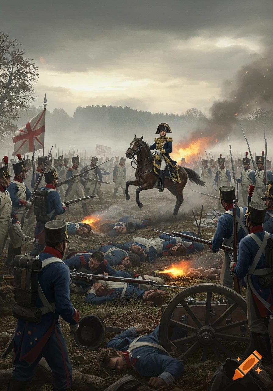 A general on horseback leads soldiers in a Napoleonic battle, with smoke, fire, and fallen comrades on a foggy field.