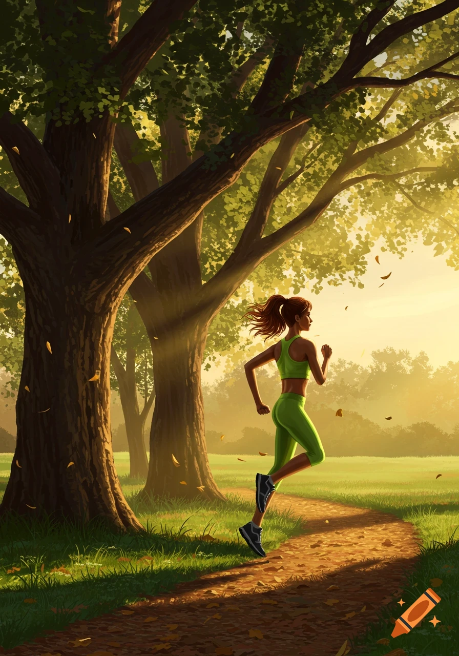 A woman in green athletic wear jogs on a path under trees, bathed in golden sunlight.